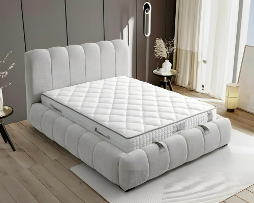 Weißes modernes Bett aus Textil mit hochwertiger Matratze