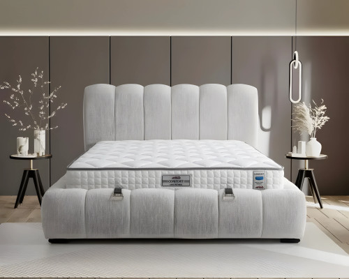 Weißes modernes Bett aus Textil mit hochwertiger Matratze