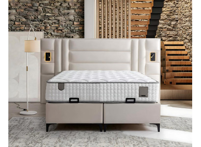 Elegantes weißes Bett mit Matratze aus Textil und Holz