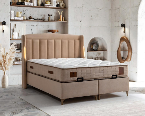 Elegantes braunes Bett mit Matratze aus Textil und Holz