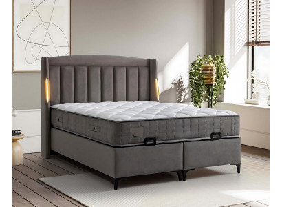 Elegantes graues Bett mit Matratze aus Textil und Holz