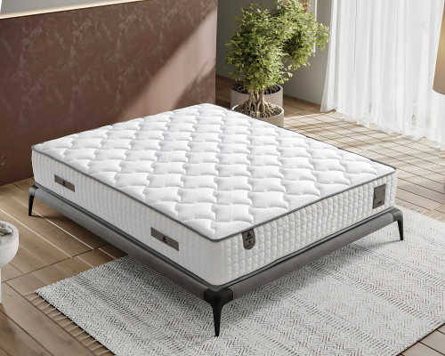 Elegantes graues Bett mit Matratze aus Textil und Holz