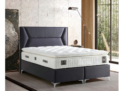 Elegantes graues Bett mit Matratze aus Textil und Holz
