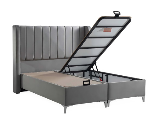Elegantes graues Bett mit Matratze aus Textil und Holz