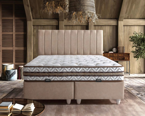 Beige Textilbett mit Matratze im eleganten Design