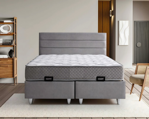 Elegantes graues Bett mit Matratze aus Textil und Holz