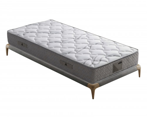 Elegantes graues Bett mit Matratze aus Textil und Holz