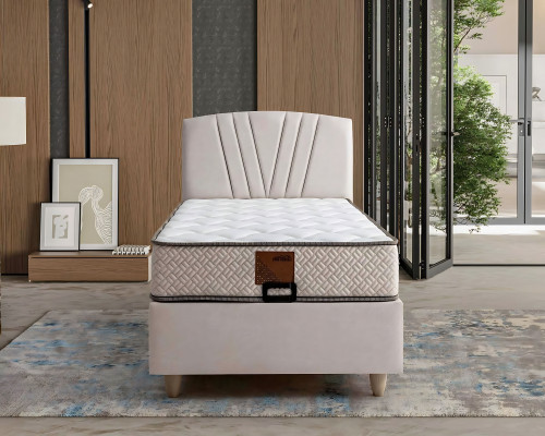 Elegantes Bett mit Matratze aus Textil in Beige