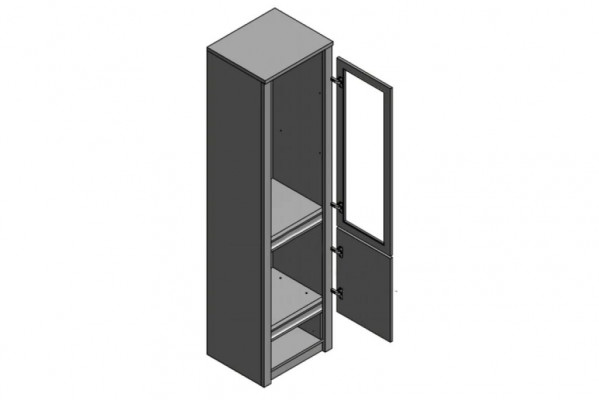 Skleněná vitrína s kuchyňským bufetem se skleněnými policemi a zásuvkou