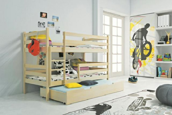 3 patrové postele, vyvýšená postel, dvoulůžková postel, 3 postele z masivního dřeva