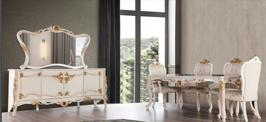 Garnitur Set 7tlg. Esszimmer Esstisch Stuhl Anrichte Spiegel Ess Stühle Tische