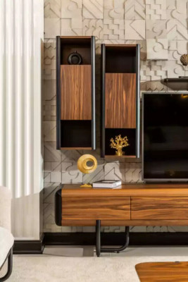 Ein wunderschöner TV-Schrank mit Wandregalen im Loft-Stil, der Ihrem Wohnzimmer ein schickes Aussehen verleih