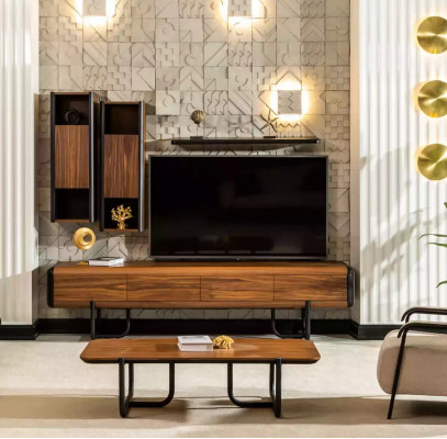 Ein wunderschöner TV-Schrank mit Wandregalen im Loft-Stil, der Ihrem Wohnzimmer ein schickes Aussehen verleih