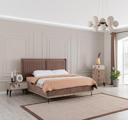 Braunes Schlafzimmer Set Polster Doppelbett 2x Nachttische Holz Kommode