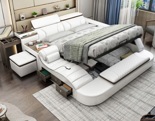 Luxus Bett Bett Leder Betten 180x200 Multifunktion Schlafzimmer Liege Regale