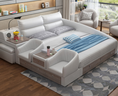 Bett Multifunktion Regal Schrank USB Ladestation Doppel Leder Betten