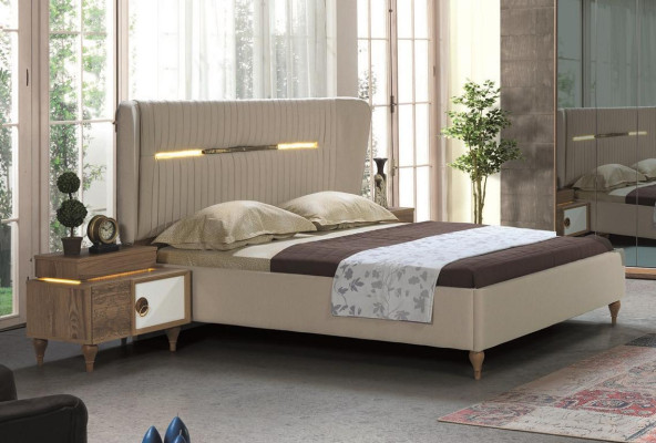 Schlafzimmer Set Bett 2x Nachttische 5tlg Design Textil Holz Kleiderschrank