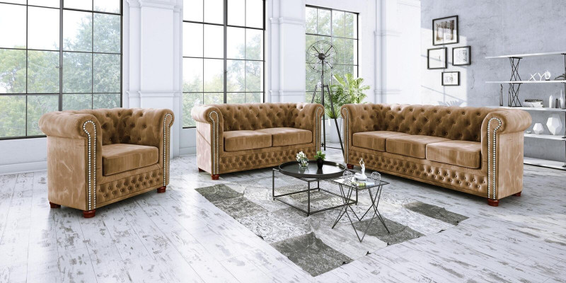 Klassische Edle Chesterfield Möbel Zweisitzer Couch Textil Sofa Design Braun