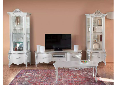 Weißes Wohnzimmer Set TV-Ständer Couchtisch 2x Vitrine Luxus Holzmöbel