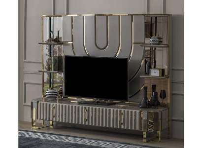 TV Ständer RTV Lowboard Sideboard Wohnzimmer Gold Grau Luxus Holz Neu
