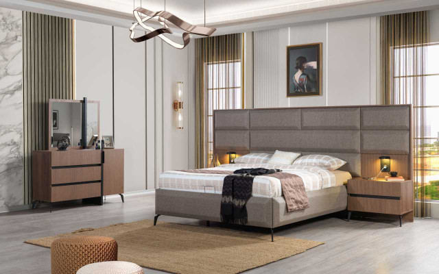 Braune Schlafzimmer Holz Möbel Textilbett Nachttische Kommode Schrank