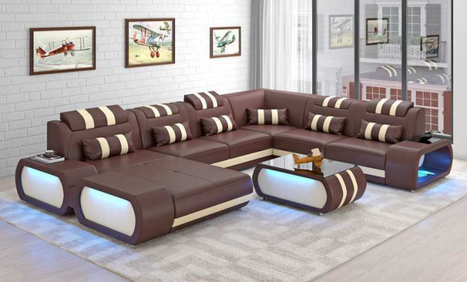 Moderne XXL Sofa U Form Groß Ecksofa Ledersofa Schwarz Kunstleder