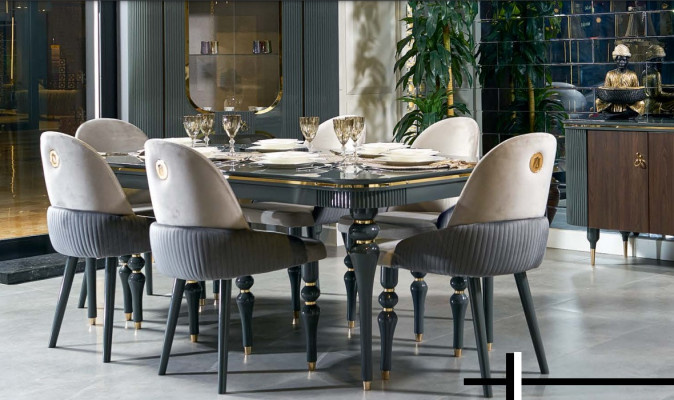 Esszimmer Garnitur Lehn Samt Textil Stuhl 6x Stühle Gruppe Set Wohn Holz Echtes
