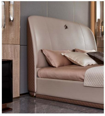 Bett Beige Leder Holz Schlafzimmer Lederbett Modern Design Möbel Luxus