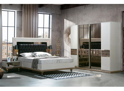 Schlafzimmer Set Bett 2x Nachttische Textil Kleiderschrank Modern 4tlg.