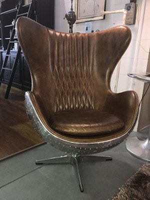 Eggchair Leder Braun Metall silber Ohrensessel Egg Chair Flieger Club