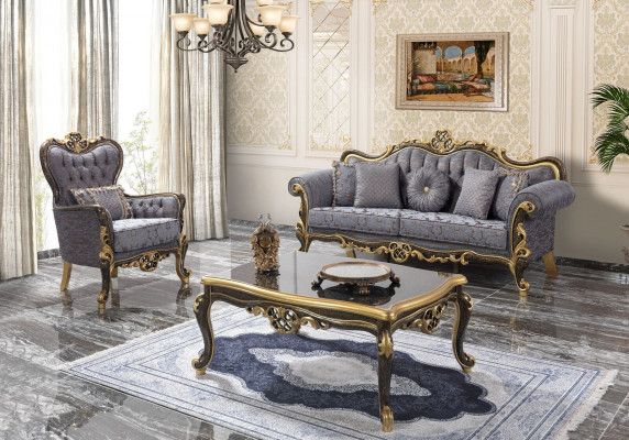 Chesterfield Sofagarnitur Polstersofa Sofa Blau Dreisitzer Sessel Set