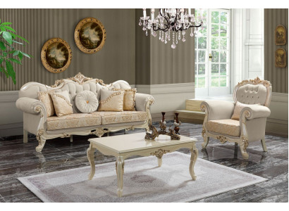Couch Polstersofa Sofa Sofagarnitur Stoffsofa Beige Chesterfield Set Sofas