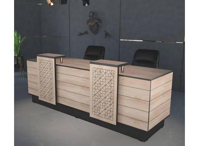 Rezeption Empfangsschalter Empfangstheke Büro Hotel Holz Braun Tisch