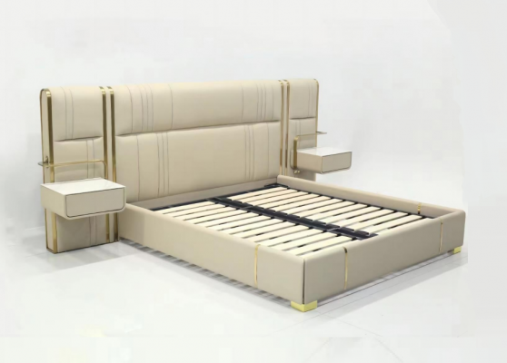 Beiges Schlafzimmer Doppelbett mit großem Kopfteil Designer Holz Betten