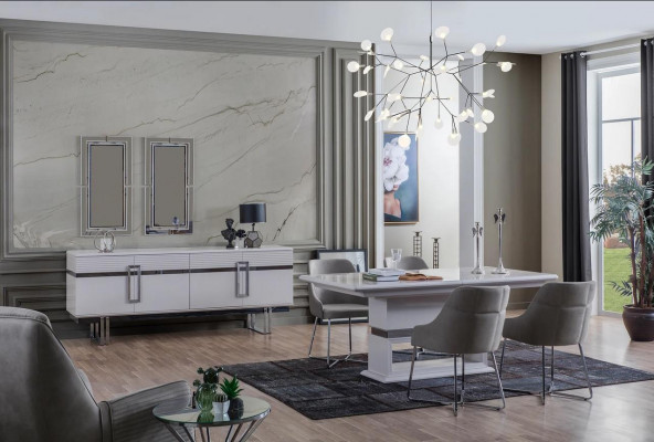 Design Esszimmer Set Esstisch + 4x Stühle + Anrichte mit 2x Spiegel 8 tlg