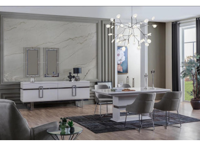 Design Esszimmer Set Esstisch + 4x Stühle + Anrichte mit 2x Spiegel 8 tlg