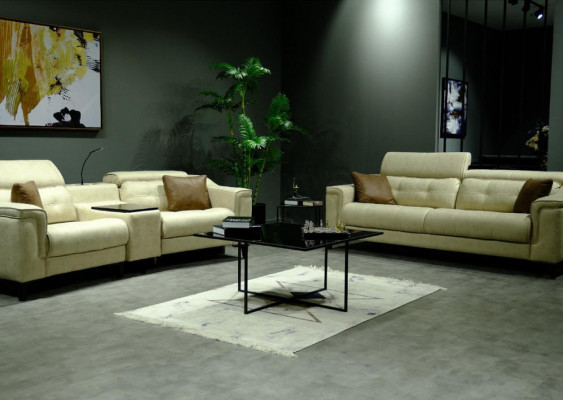 Beiger Wohnzimmer Dreisitzer Leder 3-Sitzer Polster Couch Holzgestell
