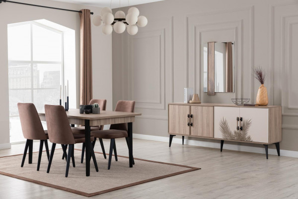 Braune Esszimmer Garnitur Luxus Esstisch 4x Stühle Sideboard Spiegel