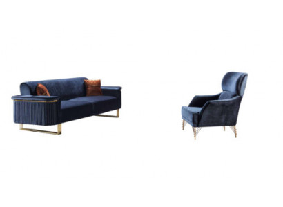 Blaues Wohnzimmer Set Designer 3-Sitzer Polstersessel Luxus Möbel 2tlg
