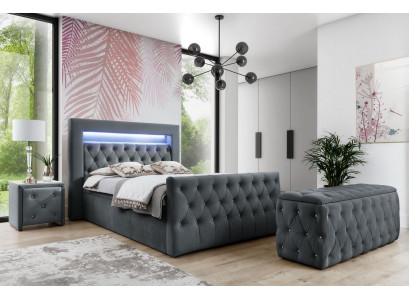 Chesterfield Graues Schlafzimmer Set LED-Polsterbett Holz Nachttische