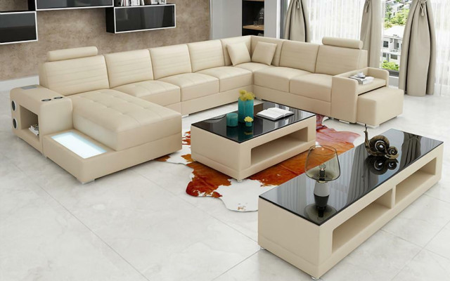 Ecksofa U-Form Sideboard Couchtisch Couch Design Schwarz Polster Leder Modern