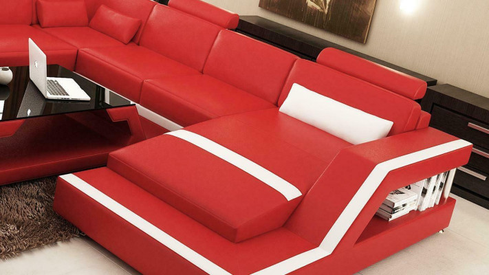 Rote Ecksofa Ledersofa Big XXL U Form Wohnlandschaft Sofa Couch