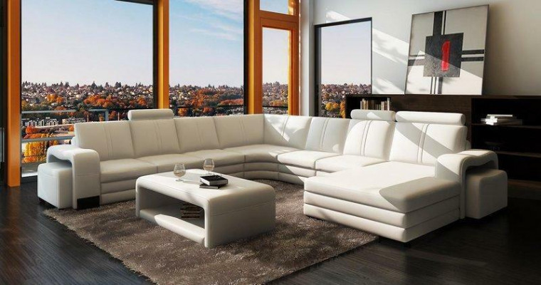 Ecksofa U-Form + 2x Hocker + Couchtisch Couch Design Grau Polster Leder