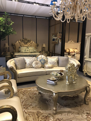 Rund Sofa Holz geschnitzte Viersitzer Couch Leder Chesterfield Wohn
