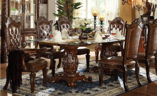 Brauner Klassischer Esstisch mit Leder Chesterfield Stühlen 7tlg. Set