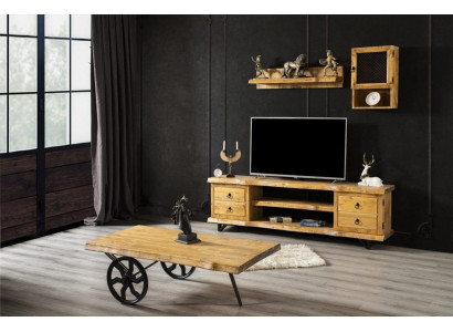 Echt Holz Wohnwand Luxus in Braun mit Couchtisch auf Rädern Rustikal Schrank