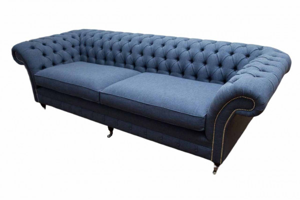 Design Chesterfield Sofa 4 Sitzer Stoff Couch Blau Polster Wohnzimmer 