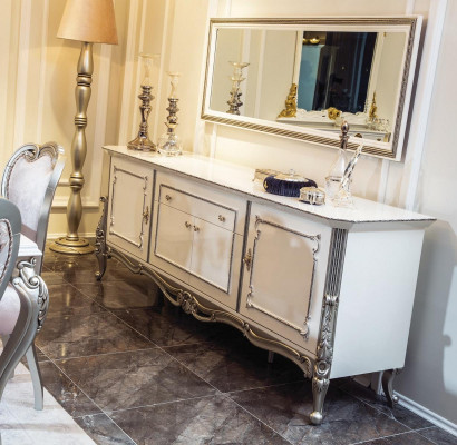 Esszimmer Set 7tlg. Esstisch 4x Stühle Kommode Spiegel Gruppe Garnitur Weiß Neu