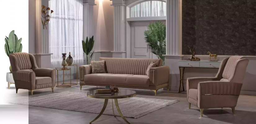 Brauner Textil Sessel Luxus Wohnzimmer Einsitzer Holzgestell Modern 