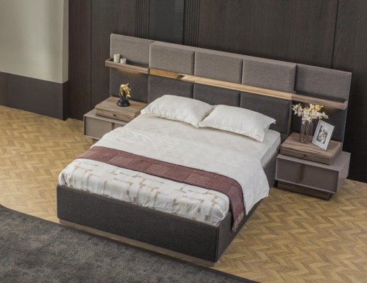 Komplette Schlafzimmer Doppelbett Set 3tlg Bett Nachttische Grau Stoff